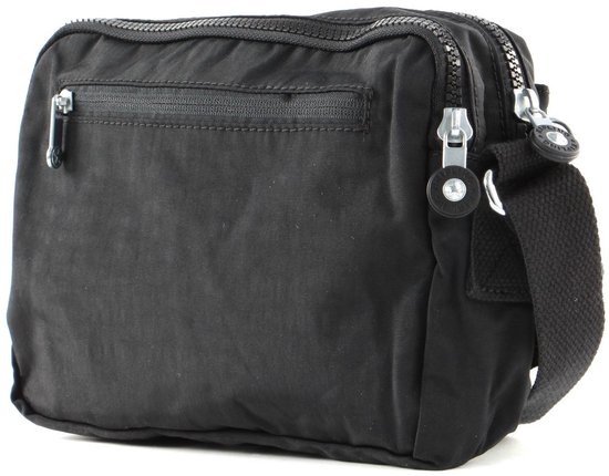 Zwarte Kipling schoudertas, achterkant met ritsvak en twee hoofdcompartimenten met rits.