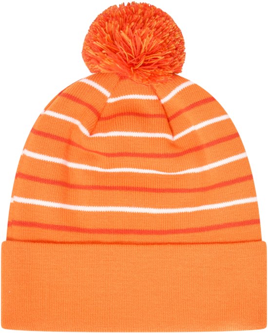 Oranje muts met horizontale witte en rode strepen en een oranje pompon.