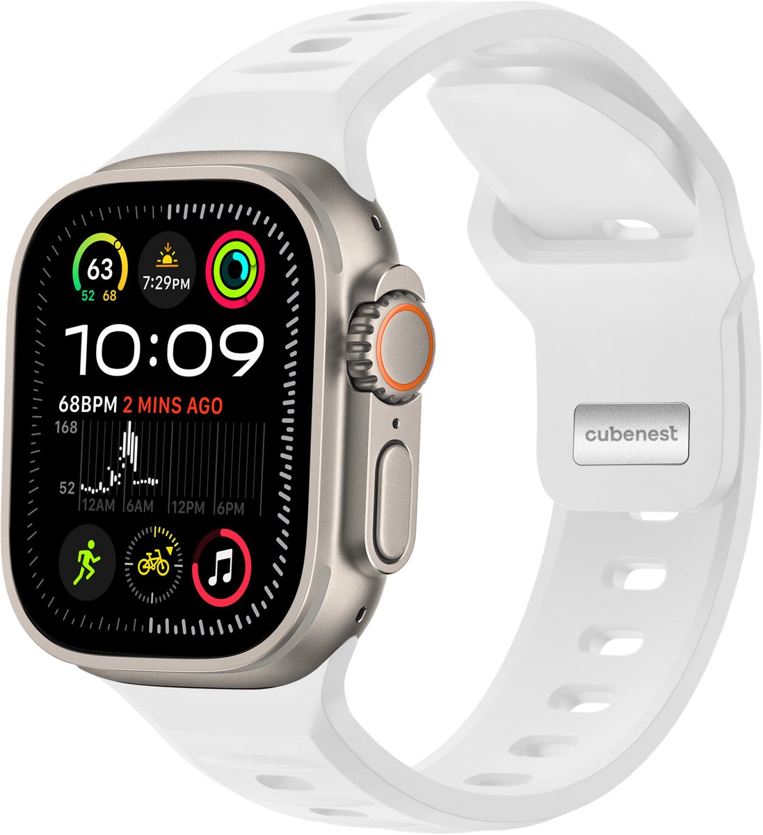 Cubenest Premium siliconen bandje - Geschikt voor Apple Watch 1, 2, 3, 4, 5, 6, 7, 8, 9, 10,11, SE, Ultra (2,3) - 42/44/45/46/49 mm - Wit - One Size