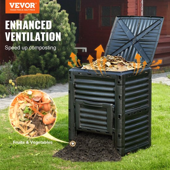 Zwarte compostbak met open deksel, bladeren komen eruit. "ENHANCED VENTILATION" staat erbij.