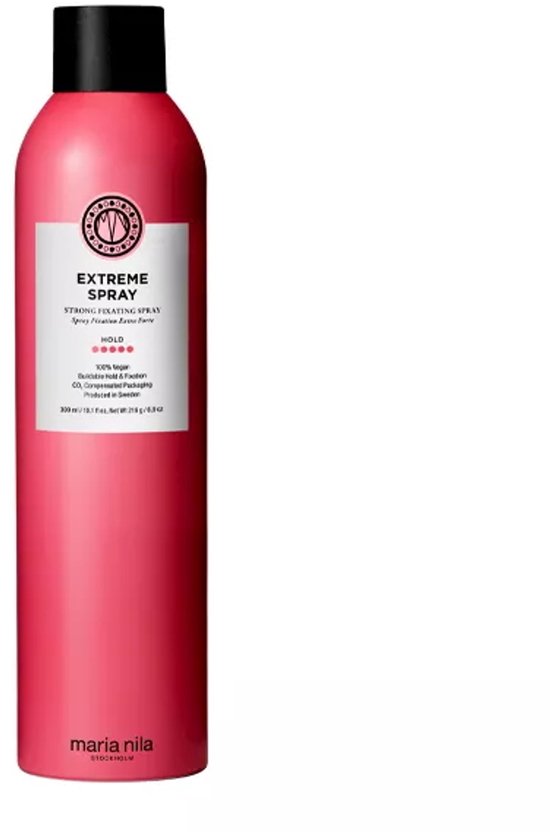 Roze haarlakfles met zwart handvat en label met "EXTREME SPRAY".