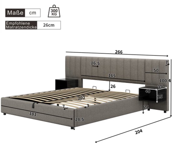 Gestoffeerd bed 180x200 cm zonder hoofdeinde – hydraulisch zwevend frame, LED, geïntegreerde opbergruimte – Beige linnen (zonder matras