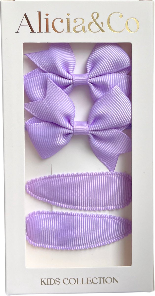 Alicia&Co - Classic Bow Set - Lovely Lilac - Set van 2 haarclips en 2 haarelastiekjes - cadeau - kraamcadeau - haarelastiekjes zonder metaal - haarspelden & clips - haarelastiekjes baby - haarelastiekjes kind - haarspeldjes kind - haarspeldjes baby