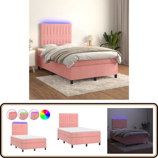 vidaXL-Boxspring-met-matras-en-LED-fluweel-roze-120x200-cm