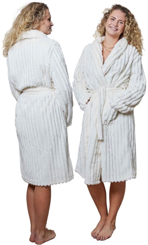 Badjas rib - badjas geribbelde teddy stof – Badjas Dames – Badjas Heren – Sjaalkraag – fleece - fluweelzacht – extreme luxe - Roomwit - S/M