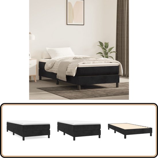 Photos du produit d'un lit boxspring noir, avec et sans matelas, et une image détaillée.