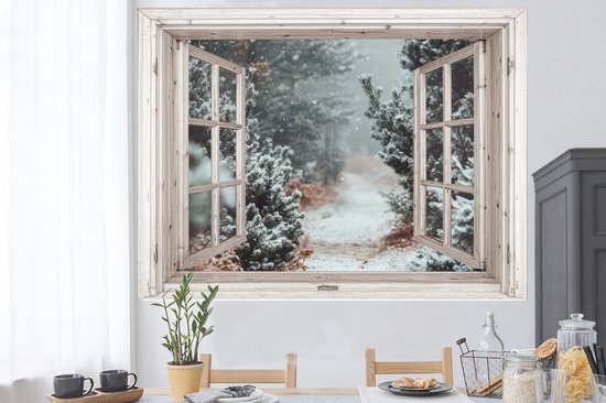 Stickers muraux - Film autocollant - Forêt - Hiver - Arbres - Nature - Chemin - Vue - Wit - 160x120 cm - Film adhésif - Stickers muraux chambre enfant - Papier peint autocollant XXL - Papier peint autocollant - Film autocollant