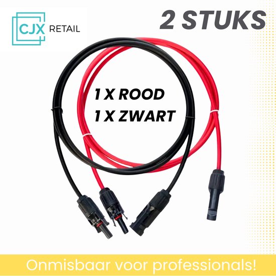 Set van twee MC4 kabels, 1x rood en 1x zwart, met connectoren.