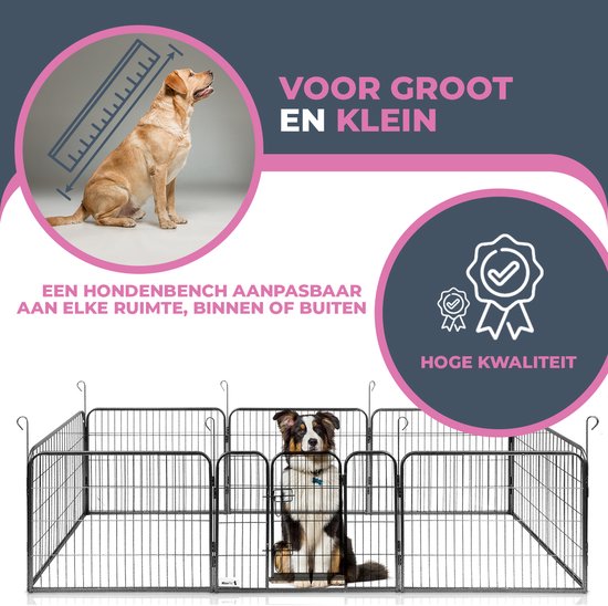 Een MaxxPet puppyren met twee honden, een grote gele en een kleine bruin-witte, met piktogrammen die de hoge kwaliteit en aanpasbaarheid benadrukken.