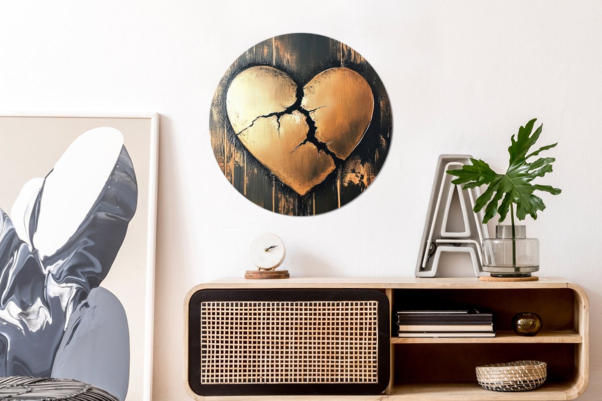 WallCircle Wandcirkel - Muurcirkel - Gebroken hart - Goud - Houtlook - Liefde - Aluminium - Dibond - 60x60 cm - Binnen en Buiten