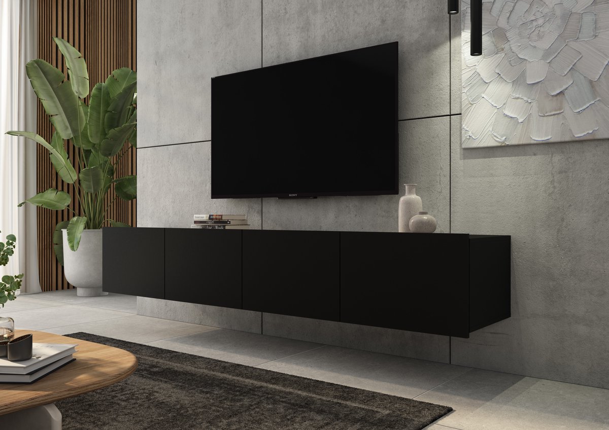 Promeubels - Tv meubel Cosenza - Zwart mat - 200cm (2x 100cm) - Tv kast - Hangend of staand