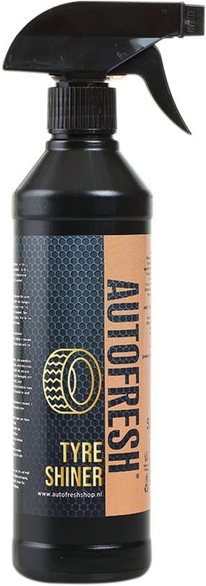 Autofresh Tyre Shiner fles met zwarte spraykop. Label met oranje en zwart honingraatmotief en een wiel.