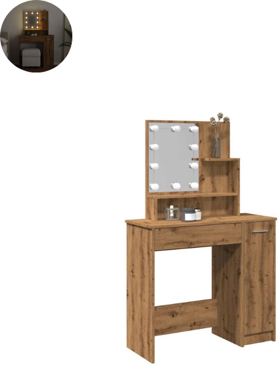 GranMaison Kaptafel met spiegel - Make up tafel - Make up - Toilettafel - Met lades - Met LED-Verlichting - Artisanaal Eiken