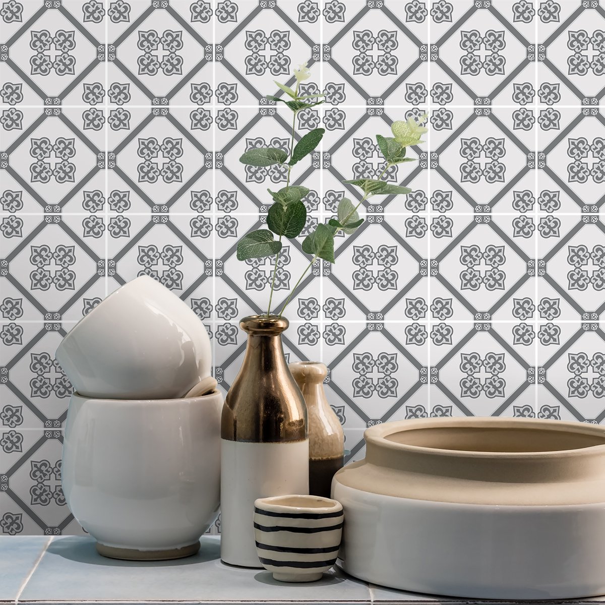 Ambiance Sticker Zelfklevende tegelmuurstickers voor keuken en badkamer - 9 cementtegelstickers, lichtblauw - 9 stickers, 10x10cm Multi color