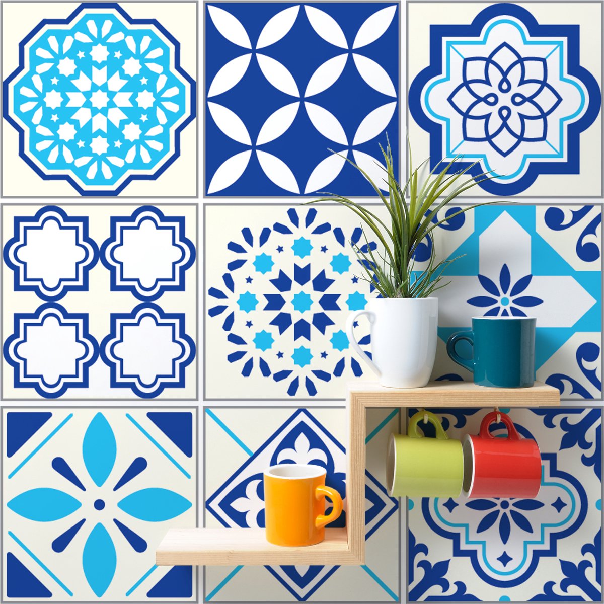 Ambiance Sticker Zelfklevende tegelmuurstickers voor keuken en badkamer - 9 GIOACCHINO AZULEJOS tegelstickers - 9 stickers 20x20cm Multi color