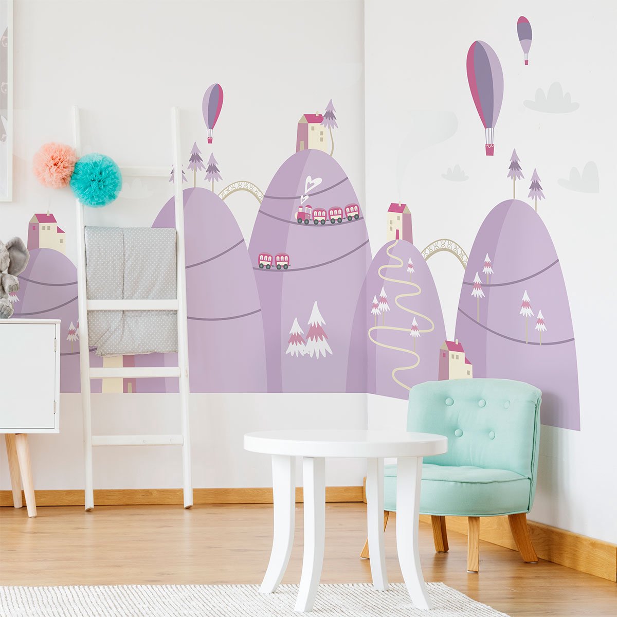 Ambiance Sticker Scandinavische bergstickers met heteluchtballonnen in de lucht, 100 x 150 cm Multi color