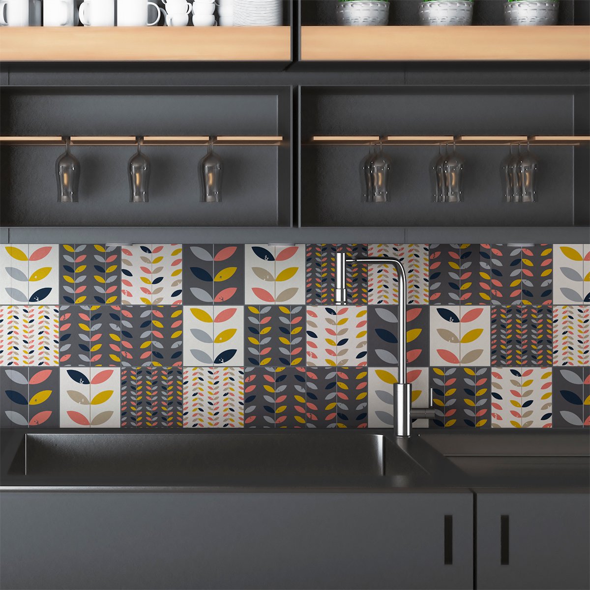 Ambiance Sticker Zelfklevende tegelmuurstickers voor keuken en badkamer - 9 Scandinavische tegelstickers van Kalvin - 9 stickers van 15x15 cm Multi color