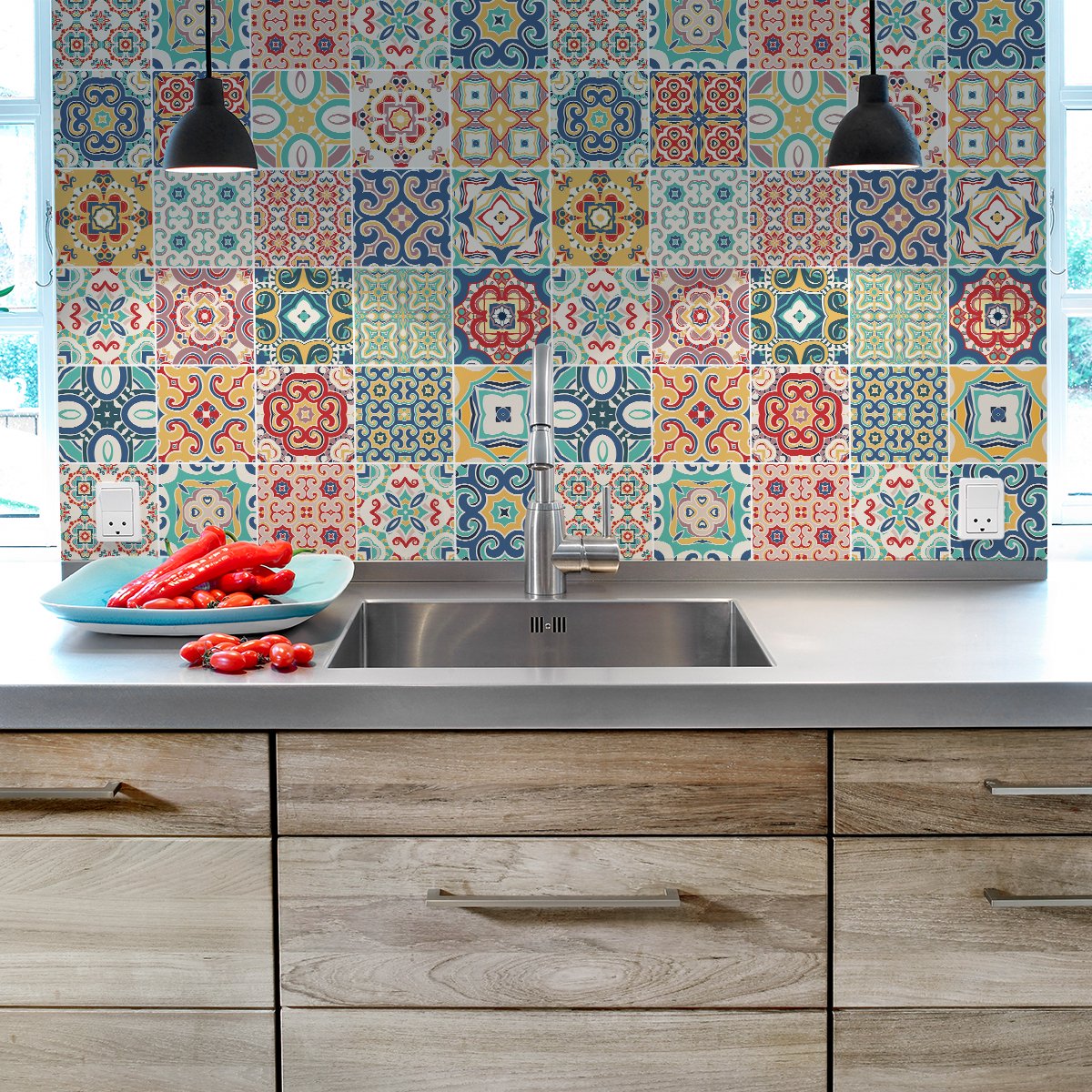 Ambiance Sticker Zelfklevende tegelmuurstickers voor keuken en badkamer - 30 Jael Azulejos cementtegelstickers - 30 stickers 20x20cm Multi color