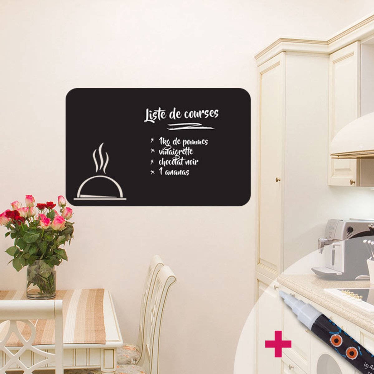 Ambiance Sticker Schoolbordsticker - uitwisbare zelfklevende muurstickers - KLASSIEKE KEUKENSCHAAL + WITTE VLOEIBARE KRIJT - 115x180cm Multi color