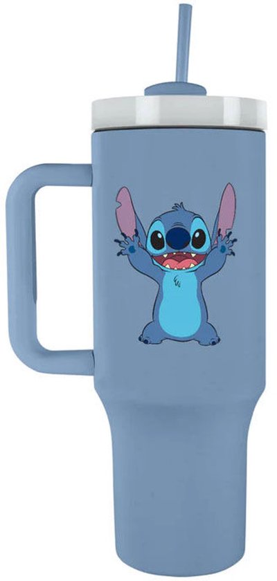 Lichtblauwe reisbeker met rietje en opdruk van een zwaaiende Stitch.