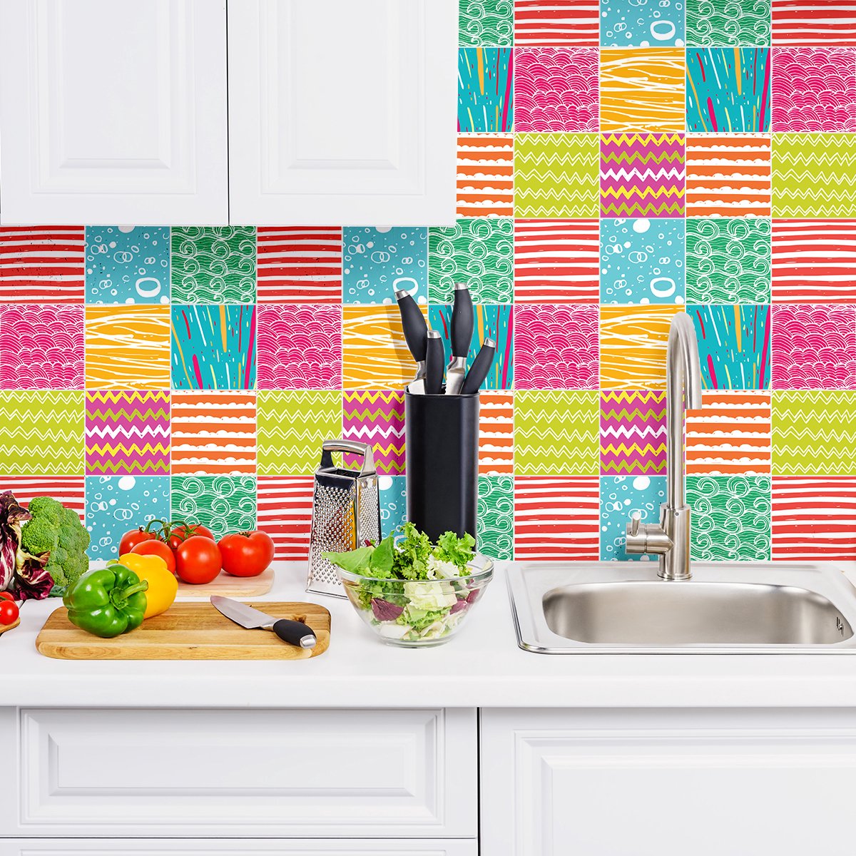 Ambiance Sticker Zelfklevende tegelmuurstickers voor keuken en badkamer - 9 cementtegelstickers, Azulejos Begona-stijl - 9 stickers, 20x20 cm Multi color
