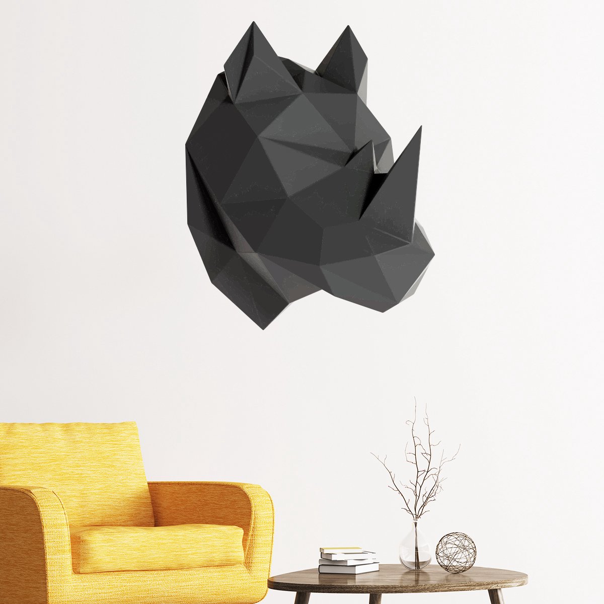 Ambiance Sticker 3D origami sticker van een zwarte neushoorn in profiel, 80 x 65 cm Multi color
