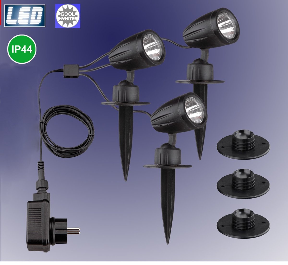 Trango 3-vlam 3076-356 IP44 LED tuinspot *JOE* buitenlamp incl. 3x 3 watt LED module lamp 6000K daglicht wit & voedingskabel vijverlamp, tuinlamp, padverlichting, wandlamp