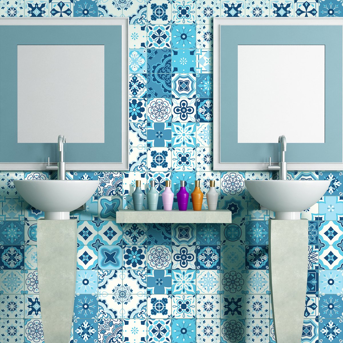 Ambiance Sticker Zelfklevende muurstickers in de vorm van tegels voor keuken en badkamer - 60 Ilaria Azulejos cementtegelstickers - 60 stickers 15x15cm Multi color