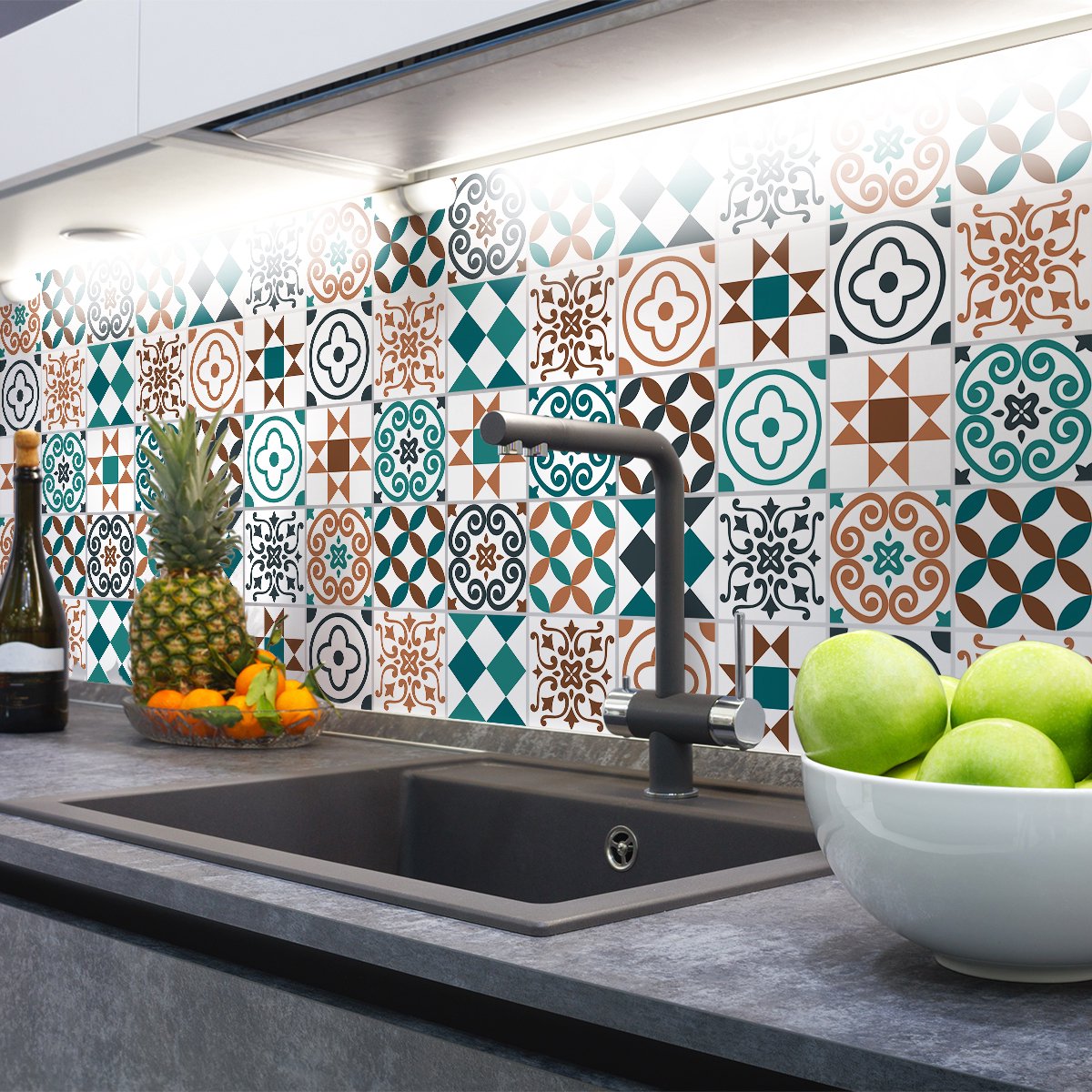 Ambiance Sticker Zelfklevende tegelmuurstickers voor keuken en badkamer - 24 cementtegelstickers, Azulejos Zoenia Design - 24 stickers, 15x15cm Multi color
