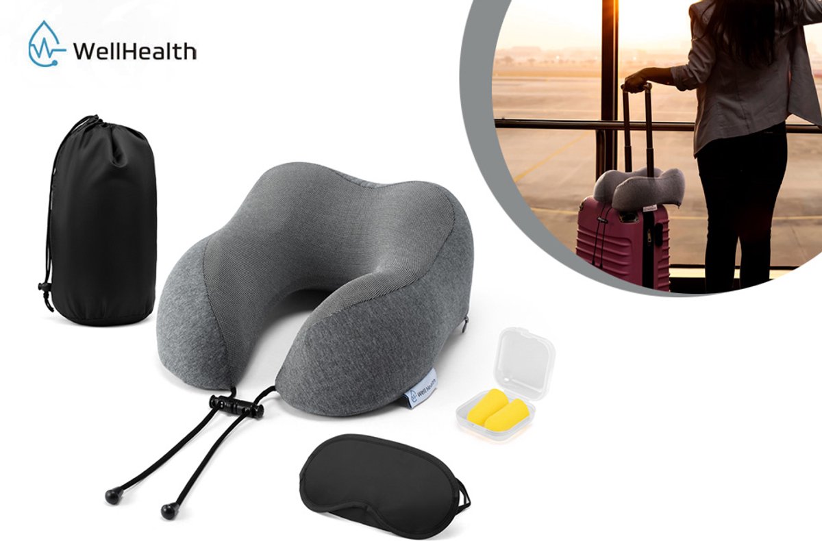 Wellhealth - Praktische 4-delige reisset met ergonomisch nekkussen - Travelkit