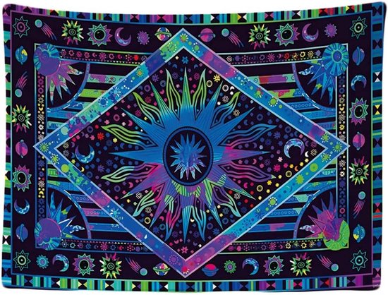 Ulticool - Etnisch Paars Blauw Zwart Heelal Zon Maan - Wandkleed - 200x150 cm - Groot wandtapijt - Poster - voor Binnen - Decoratie Woonkamer Slaapkamer