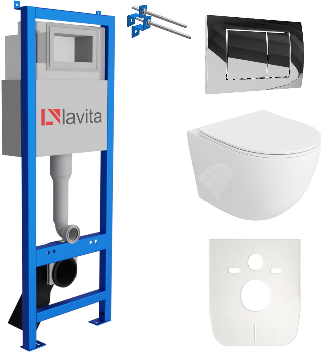 LAVITA® Inbouwreservoir Complete Toiletset LAV 101 - Inbouw WC Hangtoilet Wandcloset SINTO Wit Hoogglans - Bedieningsplaat 200.1.2 Chroom - Voorwandelement voor toilet 40cm - Installatiesysteem