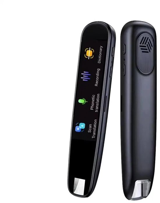 Zwarte vertaalpen met scherm waarop "Scan Translation", "Phonetic translation", "Recording", "Dictionary" staat.