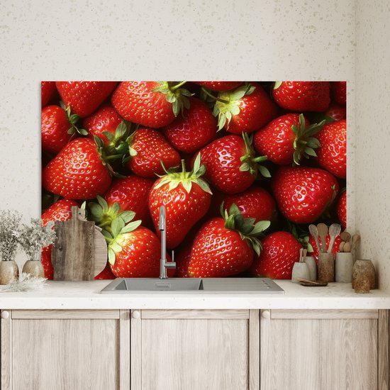 Crédence de Cuisinière en Aluminium 100x65 cm - Fraise - Fruit - Rouge - Écran Pare-éclaboussures pour Plaque de Cuisson - Protection Murale