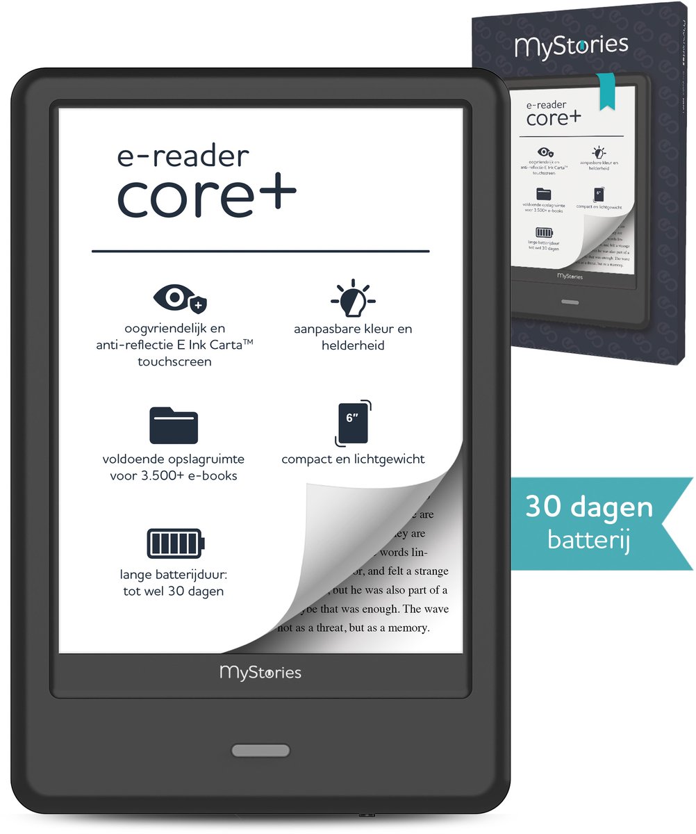 MyStories E-reader Core+ - 6 inch touchscreen - 4GB opslag voor 3.500 ebooks - Schermverlichting - E-book reader - Zwart