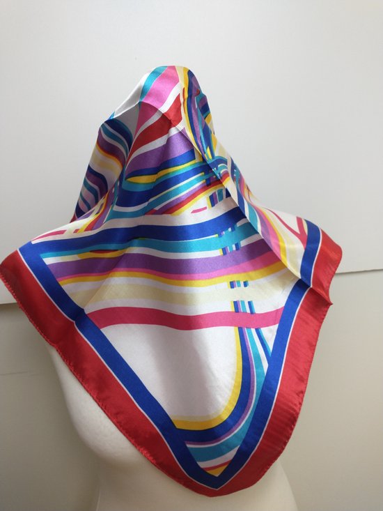 Vierkante dames neksjaal Bente-fantasiemotief-rood wit blauw geel fuchsia paars sparren oranje-50x50