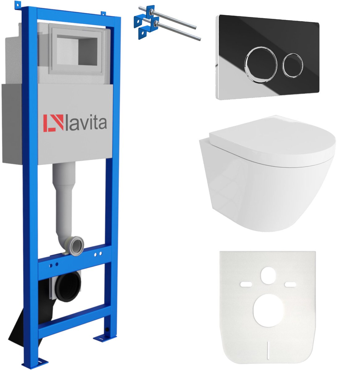 LAVITA® Inbouwreservoir Complete Toiletset LAV 101 - Inbouw WC Hangtoilet Wandcloset SOGO Wit Hoogglans - Bedieningsplaat 200.4.2 Chroom - Voorwandelement voor toilet 40cm - Installatiesysteem