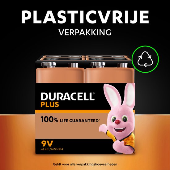 Duracell Plus 9V batterijen in plasticvrije verpakking, met roze Duracell konijn.