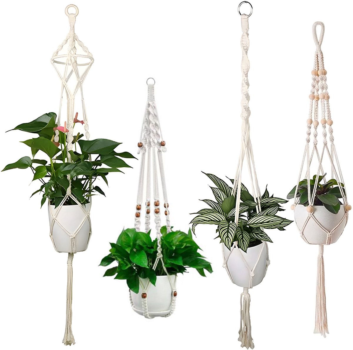 Lavandoux - Macramé Plantenhangers - Katoen - Crème - 4 Stuks