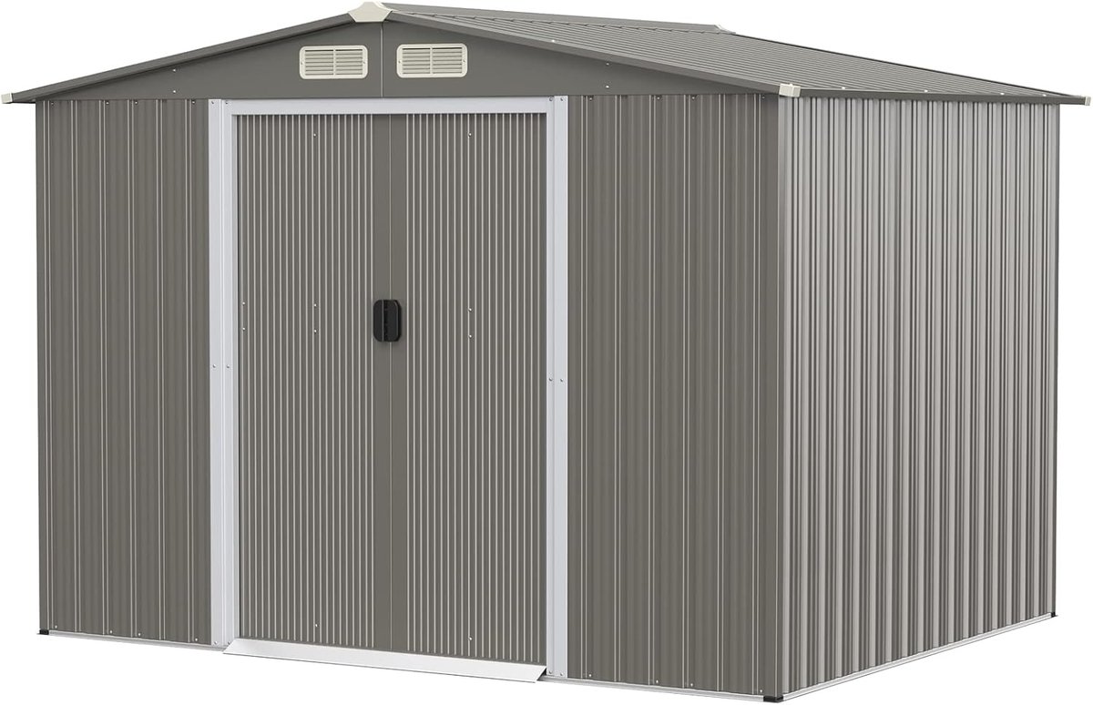 COSTWAY Gereedschapsschuur met fundament, 260 x 207 x 180 cm, gereedschapsschuur van verzinkt staal, tuinhuis met dubbele deuren en helling, tuinschuur afsluitbaar, metalen schuur voor buiten (grijs)
