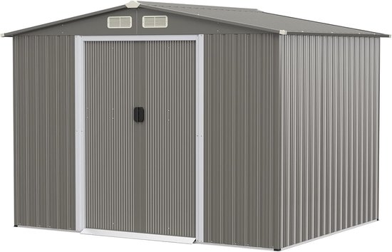 COSTWAY Gereedschapsschuur met fundament, 260 x 207 x 180 cm, gereedschapsschuur van verzinkt staal, tuinhuis met dubbele deuren en helling, tuinschuur afsluitbaar, metalen schuur voor buiten (grijs)