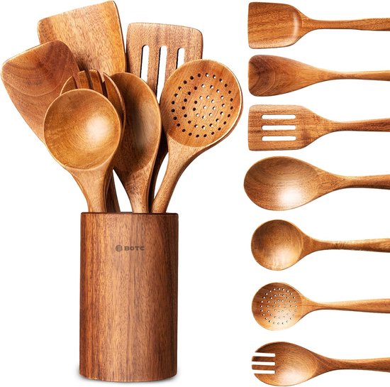 BOTC Keukengerei set 8 Delig - Met Houder - Keukengerei houder set - Kookgerei Set Hout - Houten Spatel