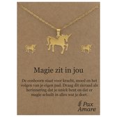 Stainless Steel Eenhoorn Ketting + Oorbellen Setje op Cadeau Kaartje - Magie zit in jou - 45 cm ketting & ± 10x10mm Oorknopjes - Goudkleurig Roestvrij Staal - Pax Amare
