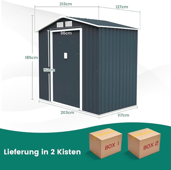 COSTWAY Tuinhuis van metaal, 235 x 117 x 185 cm, gereedschapsschuur met voordeur, zijdeur en lessenaarsdak, afsluitbaar, tuinhuisje, tuinschuur, outdoor, lichtbruin