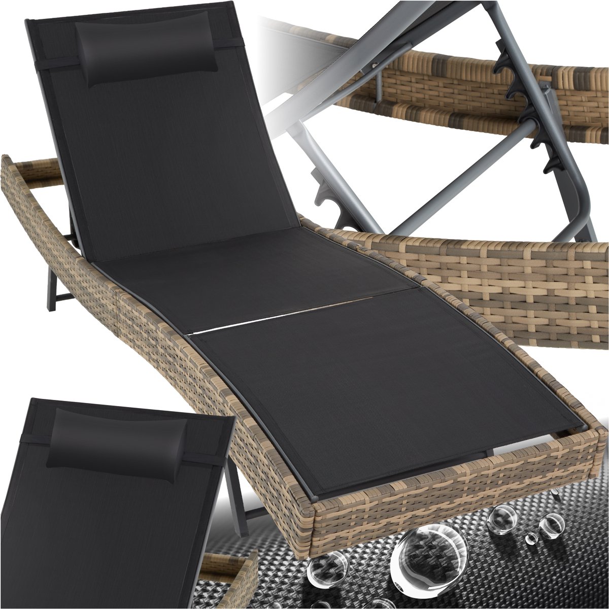 tectake® Wicker zonnebed met 6-voudig verstelbare rugleuning - Ligstoel met afneembaar hoofdkussen - Outdoor ligbed - UV-bestendig - Relaxstoel voor tuin, terras en balkon - Natuurkleur