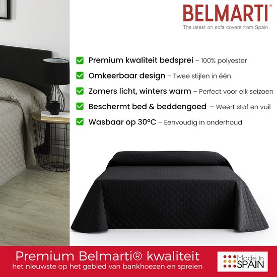 Zwarte, doorgestikte sprei op een bed met tekst 'Premium Belmarti kwaliteit'.