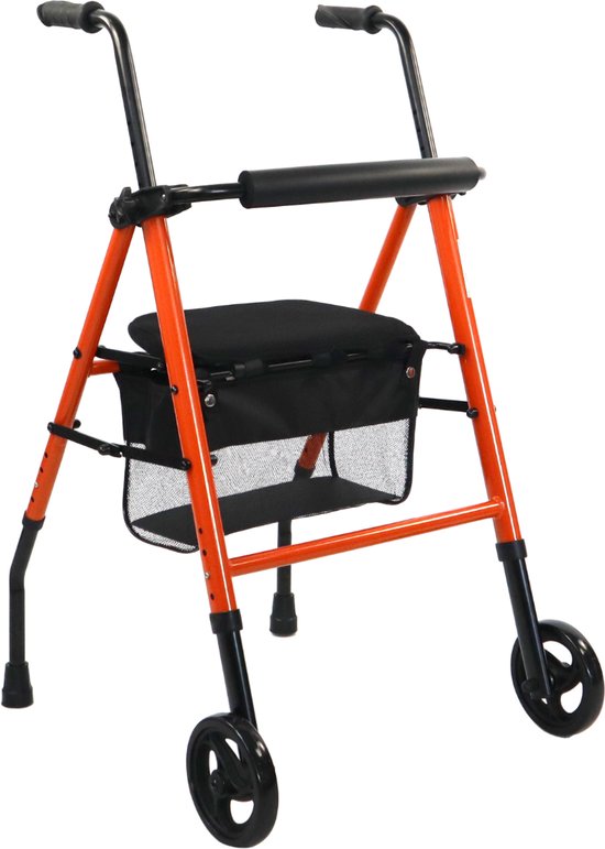 Oranje rollator met wielen, zitting en boodschappenmandje.