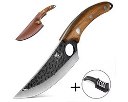 KAAMUT® Multifunctioneel Keukenmes 15 cm – Gehamerd 5Cr15Mov Staal – Vlijmscherp – BBQ Mes – Slagersmes – Zwarte Finish – Massief Houten Handvat