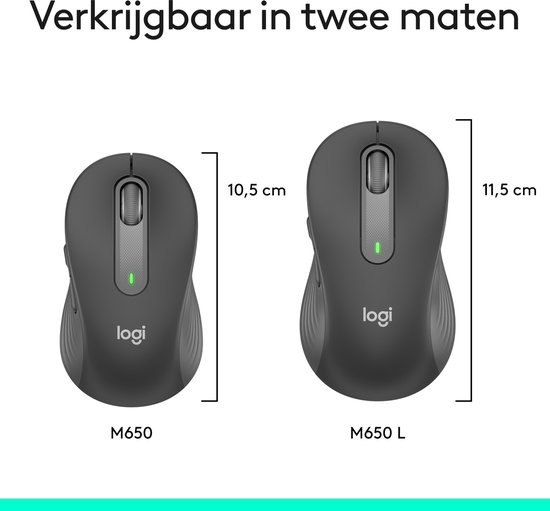 Twee donkergrijze Logitech muizen naast elkaar, met afmetingen 10,5 cm en 11,5 cm.