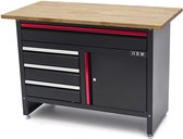 Bol.com HBM 120 cm Werkbank met 4 Laden 1 Deur en Houten Blad - Zwart aanbieding
